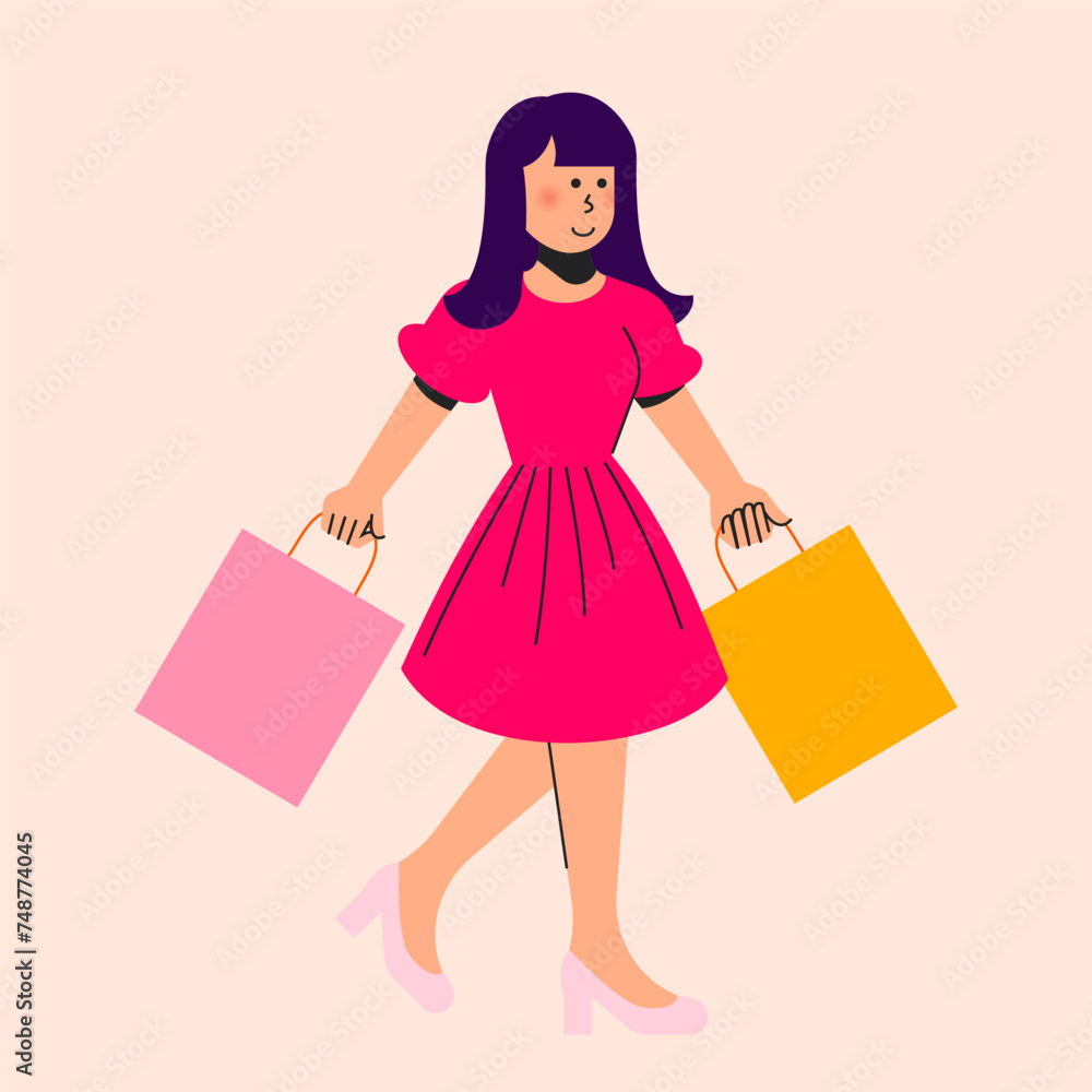 Girl Walking while holding Shopping Bag Illustration Girl Walking while holding Shopping Bag Illustration