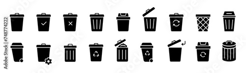 Bin silhouette icon set. Trash, garbage, waste icons collection. Bin, bucket symbols icons silhouette