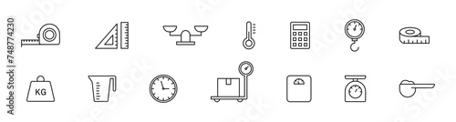 Measure, weight icons collection. Instrument scale measurement outline icons set. Measure vector icon