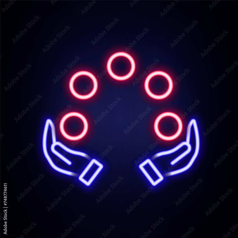 Glowing neon line Juggling ball icon isolated on brick wall background. Colorful outline concept. Vector Glowing neon line Juggling ball icon isolated on brick wall background. Colorful outline concept. Vector