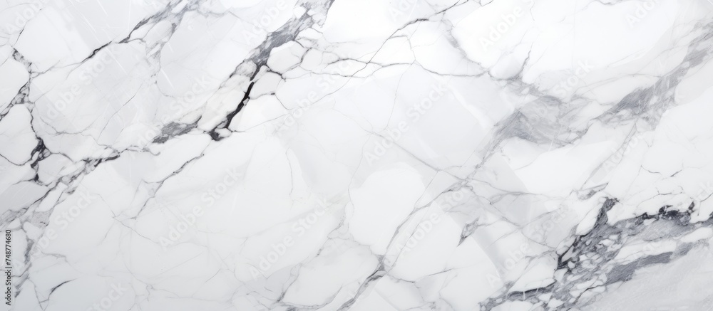 Detailed view of a white marble texture, showcasing intricate veins and patterns on a smooth surface. The marble appears clean and elegant, with a bright white color and a polished finish.
