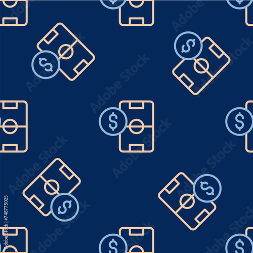 Line Soccer football betting money icon isolated seamless pattern on blue background. Football bet bookmaker. Soccer betting online make money. Vector