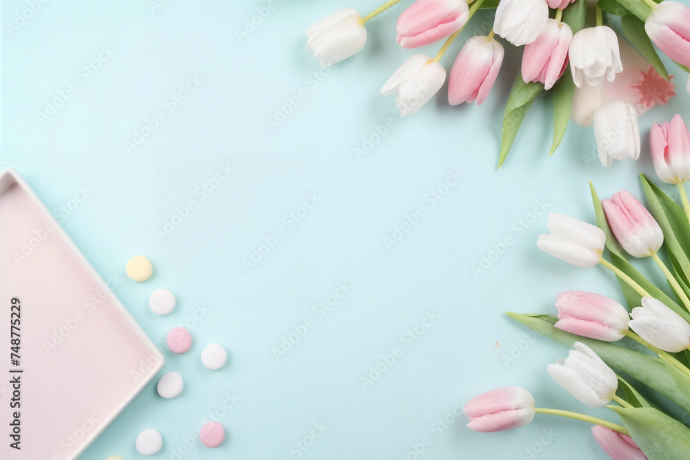 a pink and white tulips and a pink tray with white pills on a blue background with a pink and white border, generative ai