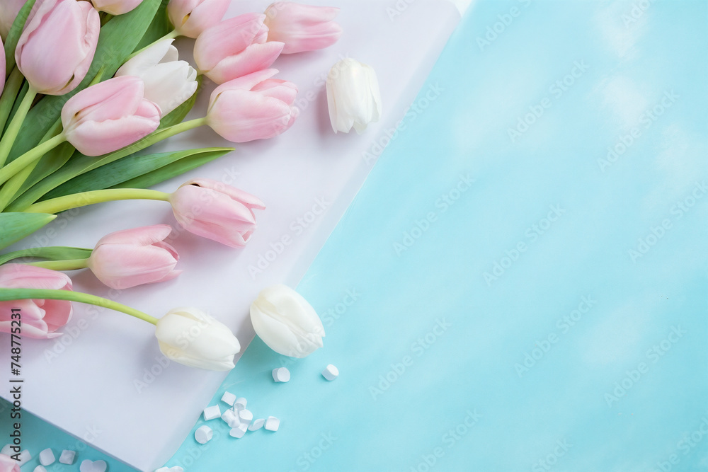 a bouquet of pink and white tulips on a blue background with pills and a white board with a message, generative ai