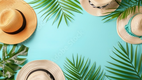 Assorted straw hats on a blue background with leaves