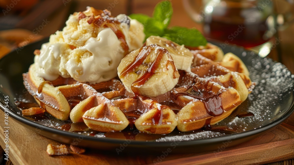 A Serving of Belgian Waffles Paired Perfectly with Vanilla Ice Cream and Caramelized Bananas A Serving of Belgian Waffles Paired Perfectly with Vanilla Ice Cream and Caramelized Bananas
