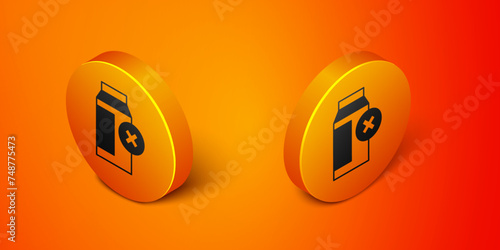 Isometric Lactose intolerance icon isolated on orange background. Not allow milk. Allergy concept, lactose intolerance allergy warning sign. Orange circle button. Vector