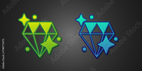 Green and blue Diamond icon isolated on black background. Jewelry symbol. Gem stone. Vector