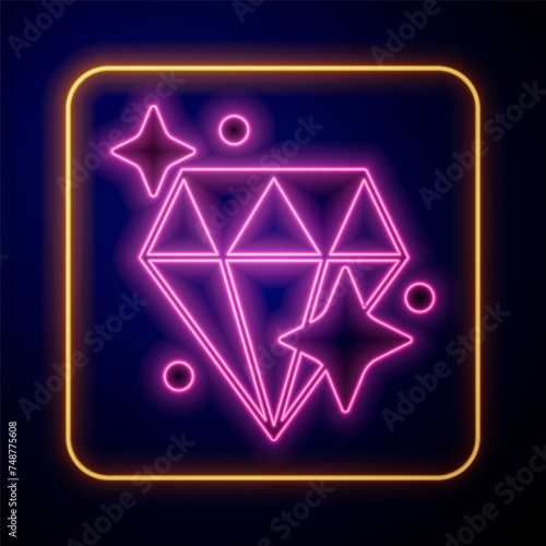 Glowing neon Diamond icon isolated on black background. Jewelry symbol. Gem stone. Vector