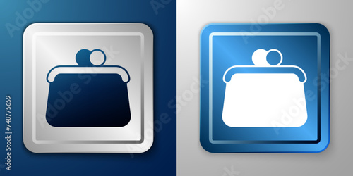 White Handbag icon isolated on blue and grey background. Female handbag sign. Glamour casual baggage symbol. Silver and blue square button. Vector