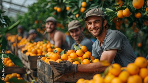 A friendly team collects fresh fruits from the orange orchard on the roof