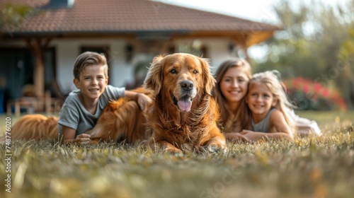 A smiling family playing with a golden retriever dog on the backyard lawn in summer