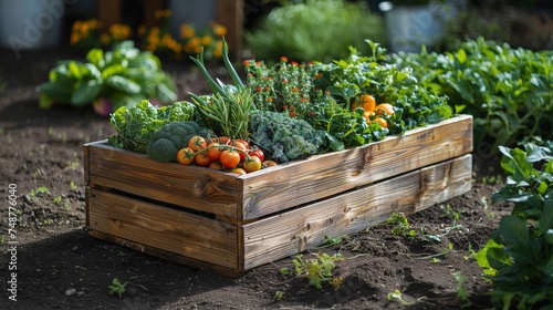 A wooden box in the garden is filled with fresh vegetable