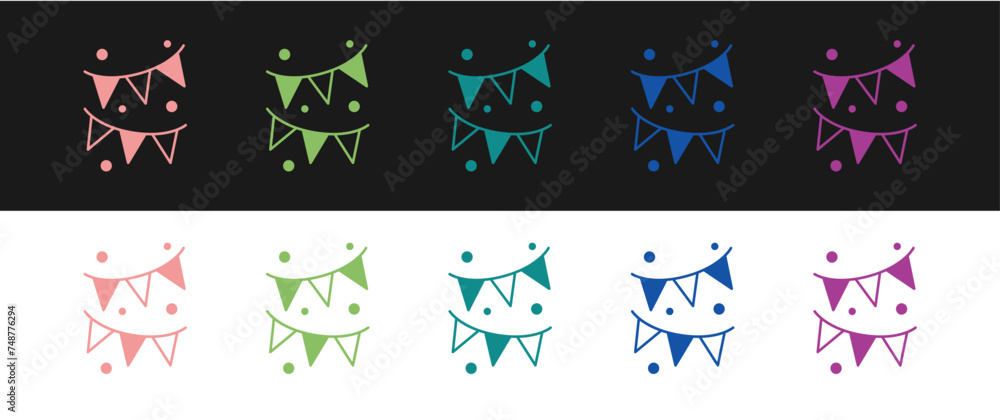 Set Carnival garland with flags icon isolated on black and white background. Party pennants for birthday celebration, festival and fair decoration. Vector Set Carnival garland with flags icon isolated on black and white background. Party pennants for birthday celebration, festival and fair decoration. Vector