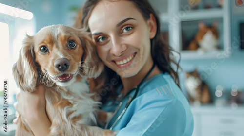girl veterinarian with a dog in her arms close-up