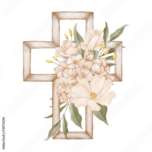 A wooden crucifix decorated with flowers