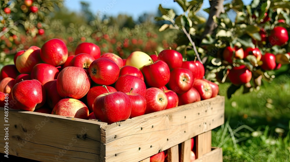 A traditional wooden apple crate overflowing with a rich selection of ripe, succulent apples, a true orchard treasure. A traditional wooden apple crate overflowing with a rich selection of ripe, succulent apples, a true orchard treasure.