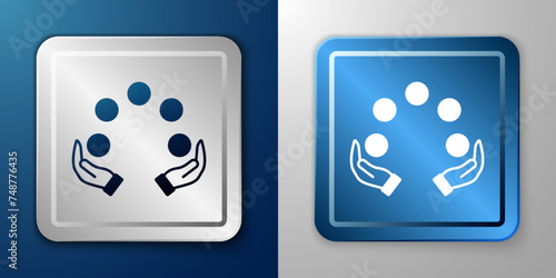 White Juggling ball icon isolated on blue and grey background. Silver and blue square button. Vector
