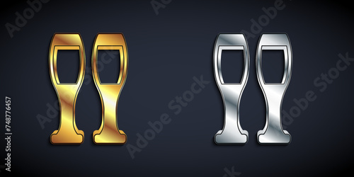 Gold and silver Bowling pin icon isolated on black background. Juggling clubs, circus skittles. Long shadow style. Vector