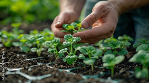 Hands holding seedlings on the surface of the soil