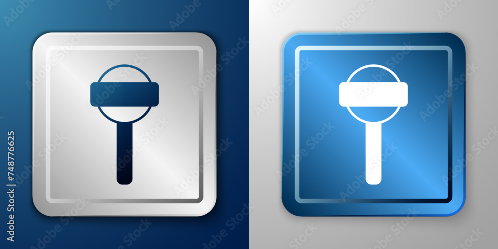 White Lollipop icon isolated on blue and grey background. Food, delicious symbol. Silver and blue square button. Vector White Lollipop icon isolated on blue and grey background. Food, delicious symbol. Silver and blue square button. Vector