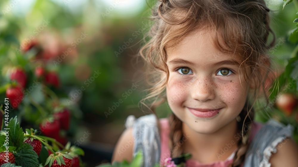 Smiling girl gardening and picking strawberries Smiling girl gardening and picking strawberries