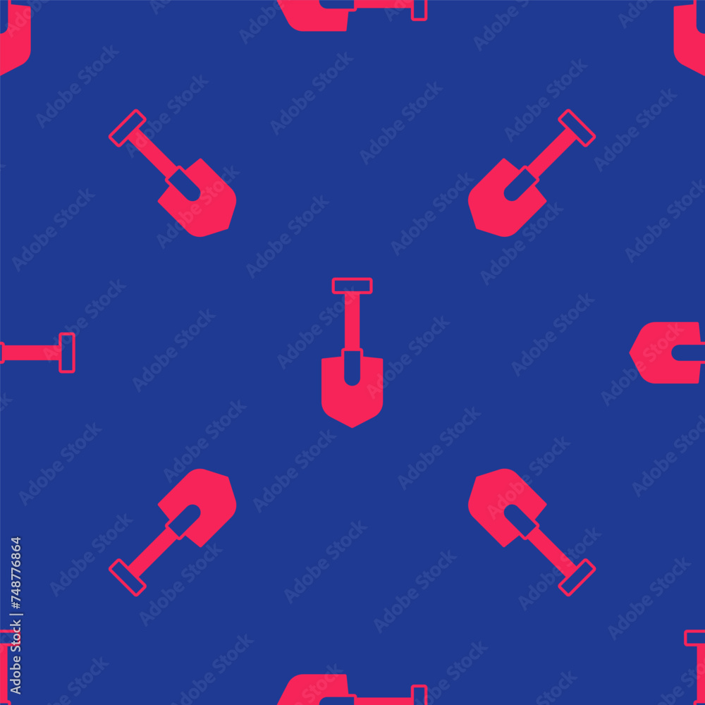 Red Shovel icon isolated seamless pattern on blue background. Gardening tool. Tool for horticulture, agriculture, farming. Vector Red Shovel icon isolated seamless pattern on blue background. Gardening tool. Tool for horticulture, agriculture, farming. Vector