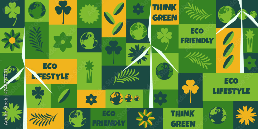 Big horizontal Think Green banner in trendy Geometric style. Geometrical Eco Friendly concept with windmill turbine. Vector illustration can used web and social media poster, EPS 10