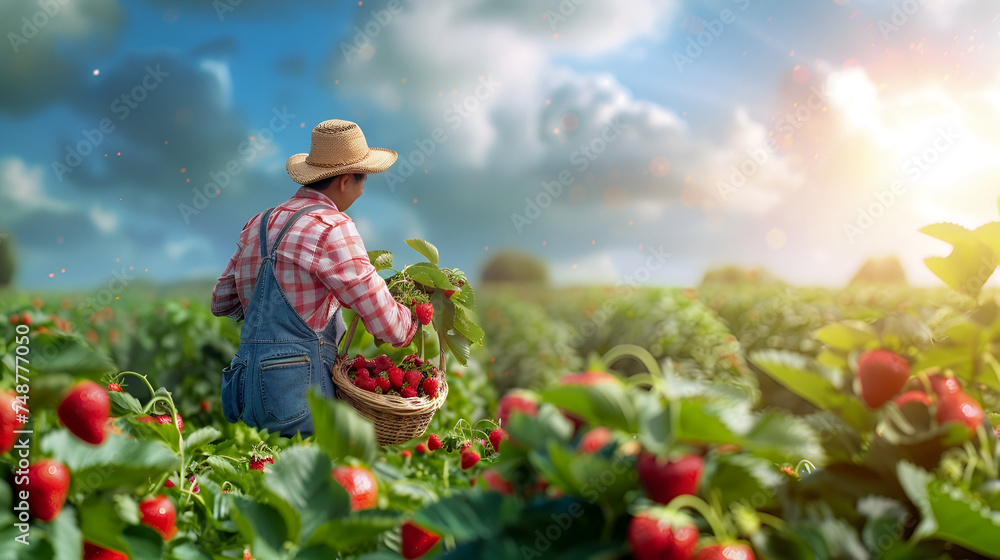 strawberry picking, harvest festival, space for text, seasonal work, harvesting, copy space, work for students, strawberries, strawberry beds, farmer, agriculture, close-up, light background, daylight