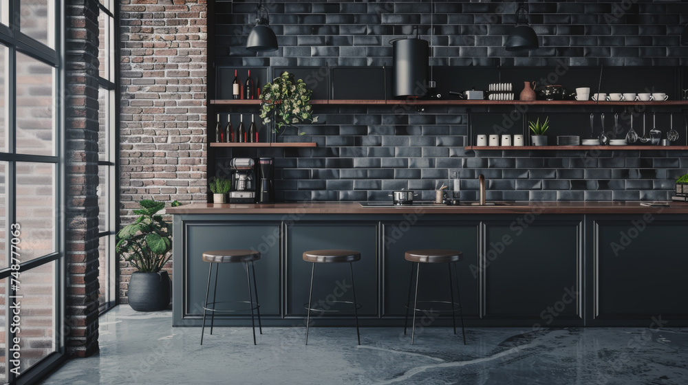 Dark stylish office kitchen interior with bar counter on grey tile concrete floor. Minimalist cooking and eating space for lunch and break, coffee maker with dishes and cups. - obrazy, fototapety, plakaty 