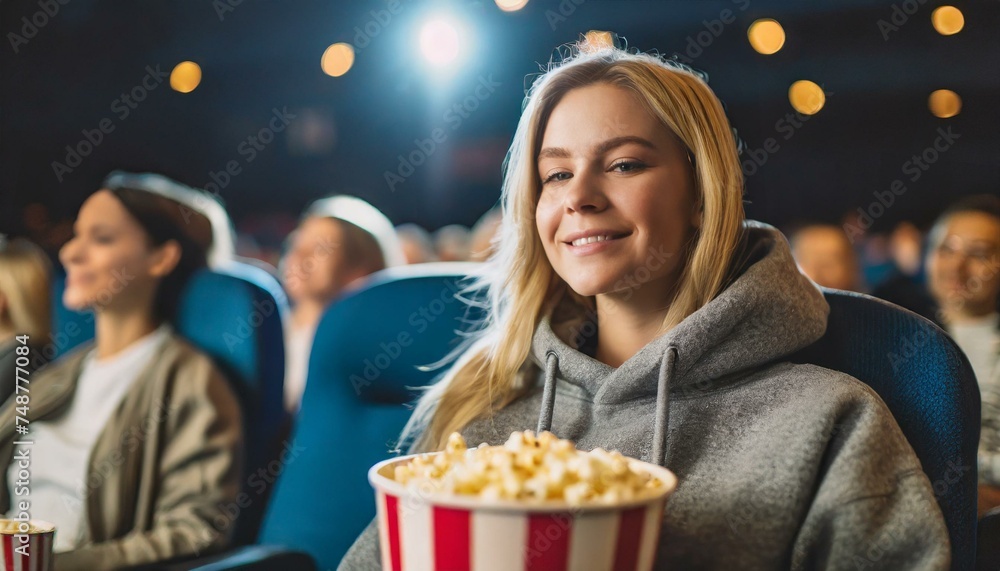 Woman watching a movie at the cinema; eating popcorn Woman watching a movie at the cinema; eating popcorn