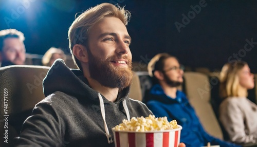 person watching movie in cinema; eating popcorn