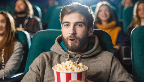 person watching movie in cinema; eating popcorn