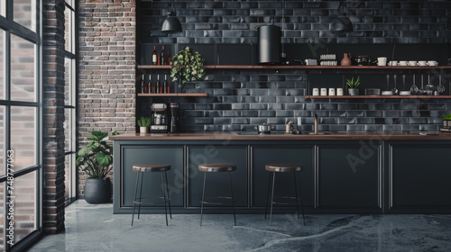 Dark stylish office kitchen interior with bar counter on grey tile concrete floor. Minimalist cooking and eating space for lunch and break, coffee maker with dishes and cups.