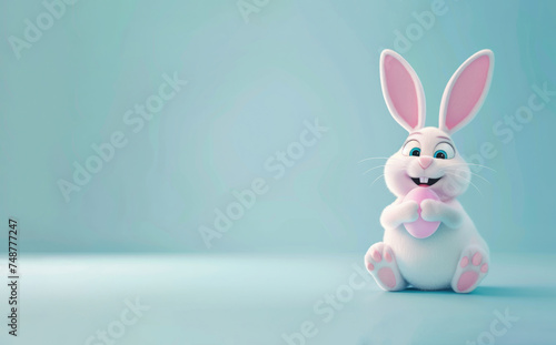 Cartoon Easter bunny holding a pink egg, baby blue background, copy space