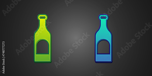 Green and blue Bottle of wine icon isolated on black background. Vector