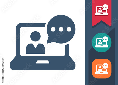 Laptop Icon. Computer, Man, Teacher, Online Course, Video Conference, Chat Bubble, Streaming, Streamer