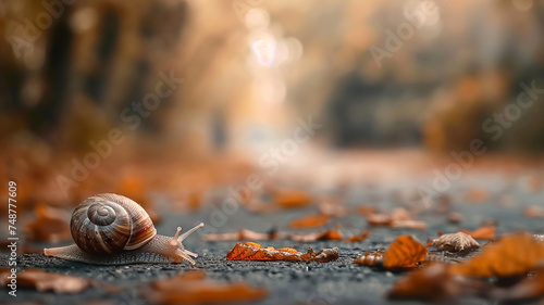 A snail is crawling on a quiet road, moving at its own slow pace, creating a serene and unhurried scene. photo
