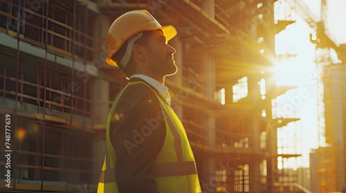 contractor in a yellow hardhat stands with his back against the background of a building under construction with space for text photo