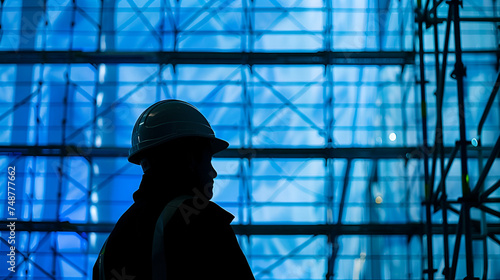 silhouette of a builder on a blue background with copy space