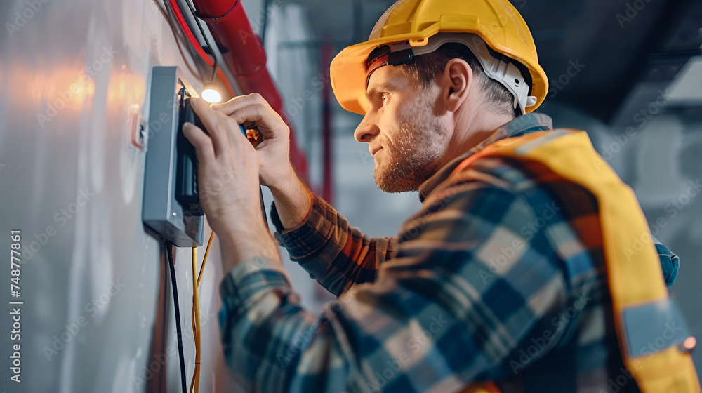 electrician closeup in yellow hard hat on white background electrician closeup in yellow hard hat on white background