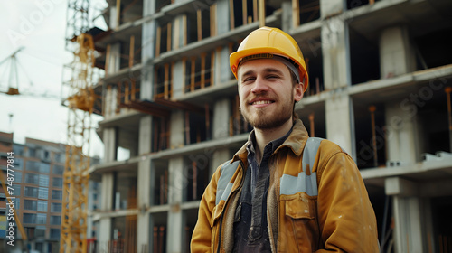 smiling construction worker in a yellow hardhat against the background of a house under construction with space for text