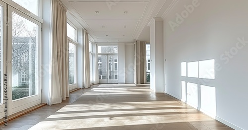 An Empty Room Adorned with White Walls, a Beige Carpet, and Subtle Accents, Brightened by Natural Light
