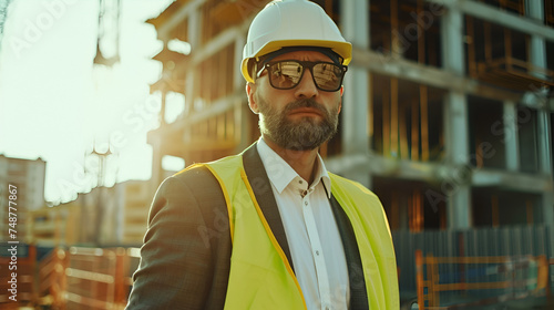 builder in a white helmet close-up against the background of a building under construction with space for text