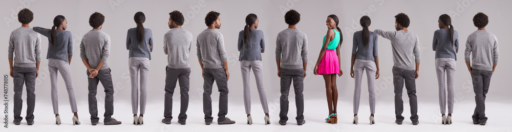 Portrait, collage or smile of black woman in studio with man isolated on a gray background. Fashion, montage or group of people with African couple in casual clothes, color or standing out with clone Portrait, collage or smile of black woman in studio with man isolated on a gray background. Fashion, montage or group of people with African couple in casual clothes, color or standing out with clone