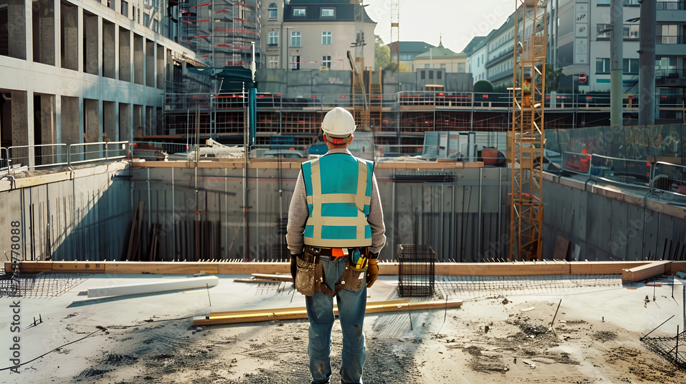 a builder in a white helmet stands with his back against the background of a building under construction with space for text a builder in a white helmet stands with his back against the background of a building under construction with space for text