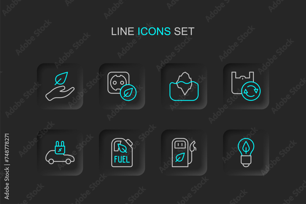 Set line Light bulb with leaf, Petrol or gas station, Bio fuel canister, Electric car, Shopping bag recycle, Iceberg, Electrical outlet and Leaf hand icon. Vector Set line Light bulb with leaf, Petrol or gas station, Bio fuel canister, Electric car, Shopping bag recycle, Iceberg, Electrical outlet and Leaf hand icon. Vector