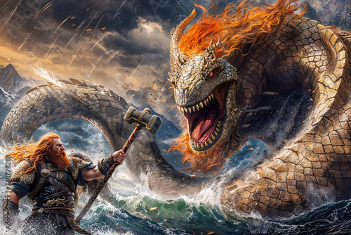 The Norse god Thor battling the Midgard Serpent at Ragnarock, mythology photo