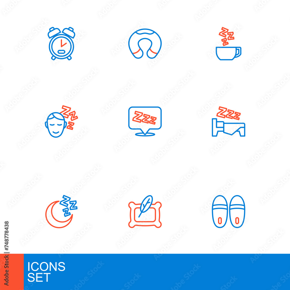 Set line Slippers, Pillow, Moon and stars, Time to sleep, Dreams, Sleepy, Chamomile tea and Travel neck pillow icon. Vector Set line Slippers, Pillow, Moon and stars, Time to sleep, Dreams, Sleepy, Chamomile tea and Travel neck pillow icon. Vector