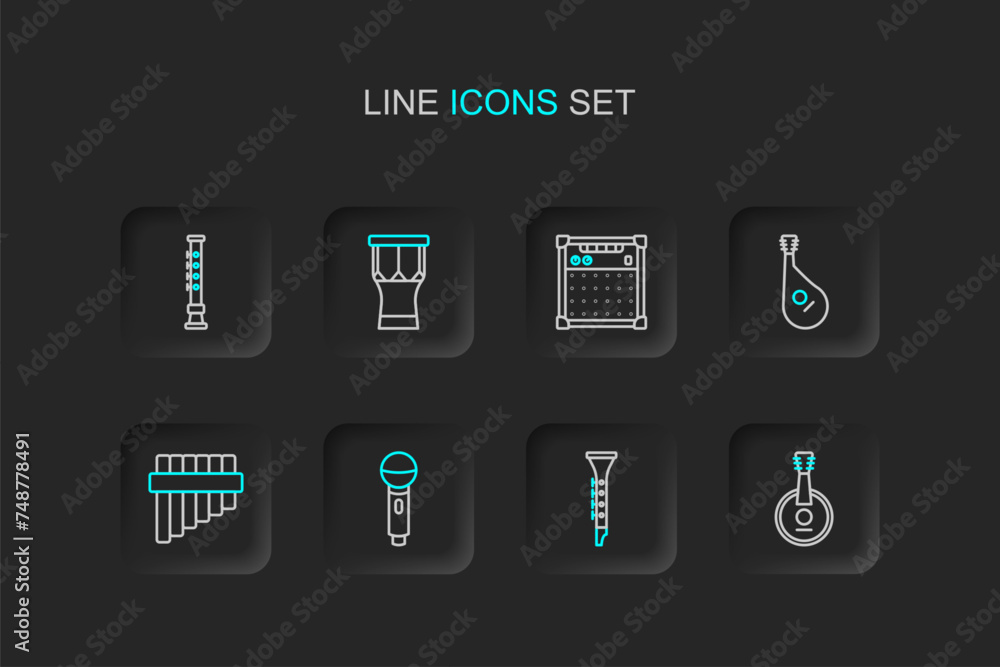 Set line Banjo, Clarinet, Microphone, Pan flute, Bandura, Guitar amplifier, African percussion drum and Flute icon. Vector Set line Banjo, Clarinet, Microphone, Pan flute, Bandura, Guitar amplifier, African percussion drum and Flute icon. Vector